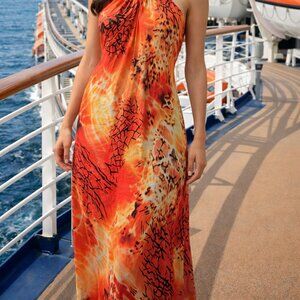 Kiwi Summer Dress Orange, Gold, Beaded string tie halter dress Sz S